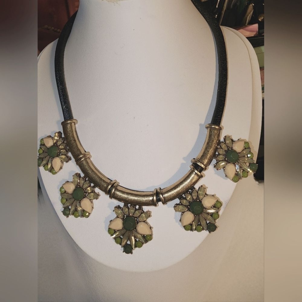 LOFT Matte Gold Cut Crystals Bib Necklace Leather Chain